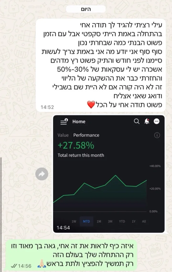 הודעת תודה: אחרי חודש יש לי עסקאות של 30%-50%
